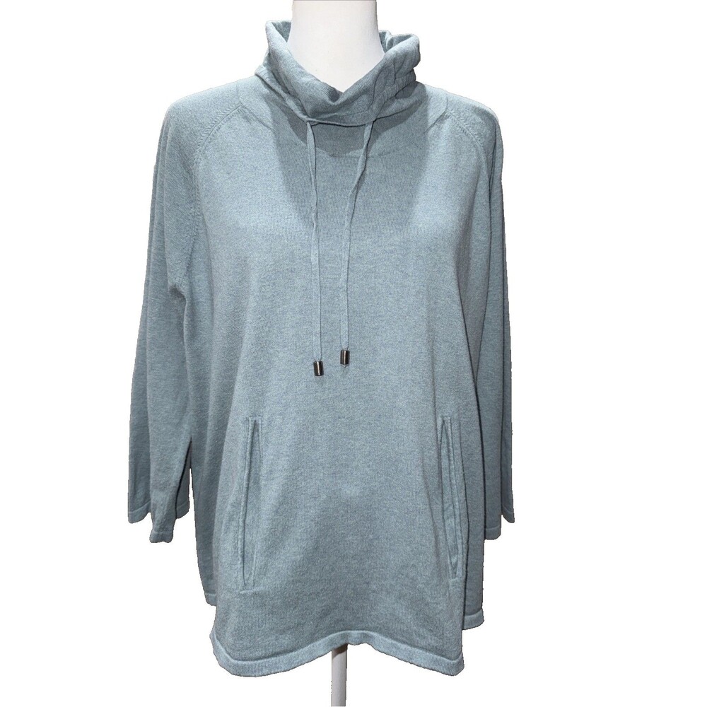 Garnet Hill Organic Cotton Dusted Teal Cowl Neck Pullover Sweater Sz XL Pockets
